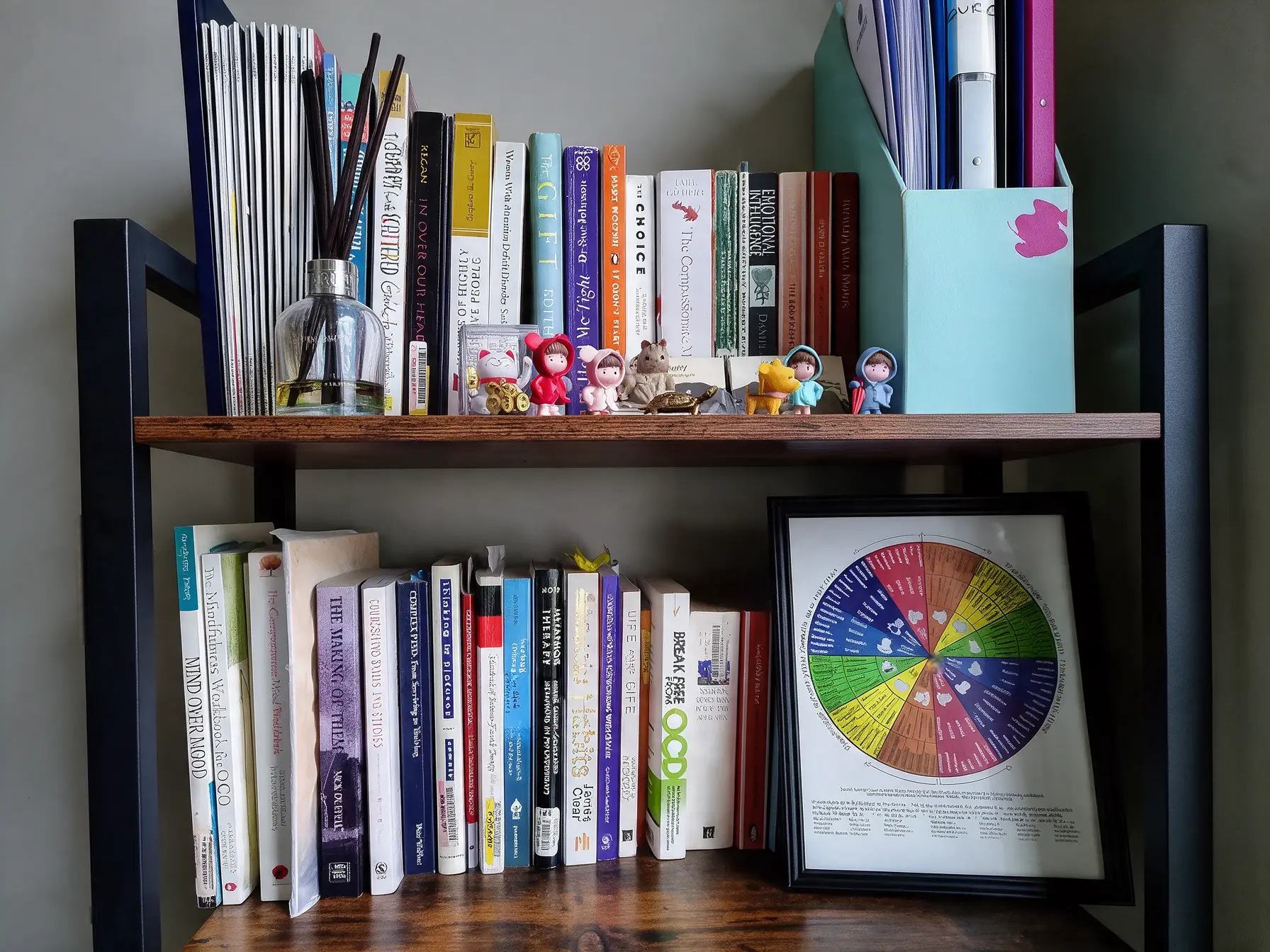 Lynda's bookshelf: counselling books, small figures and a feelings wheel